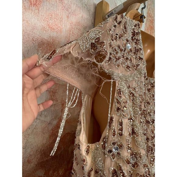 Mac Duggal Embellished Fringe Cap Sleeve Trumpet Gown In Platinum - Picture 8 of 10